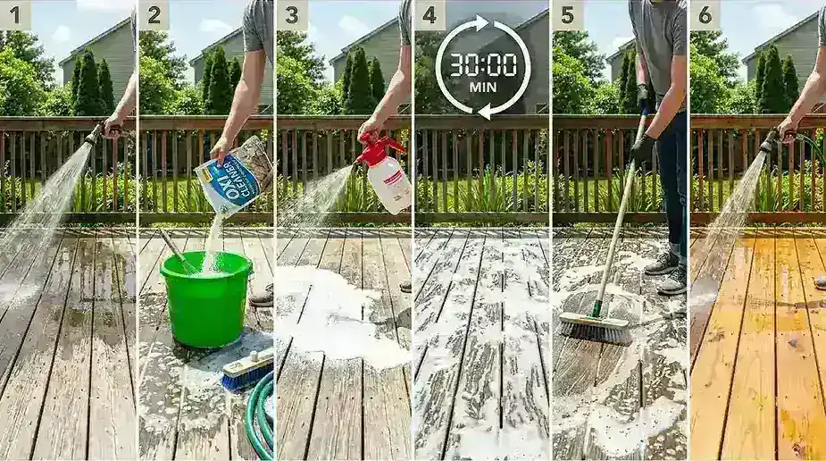 A bright, sunlit backyard deck split into a visual 6-step sequence showing: 1. A garden hose wetting wood boards. 2. Pouring powder into a green bucket of water. 3. Spraying a foaming solution with a pump sprayer. 4. A clock icon next to a wet deck. 5. A long brush scrubbing soap suds along the wood grain. 6. A final clean water rinse revealing bright wood.