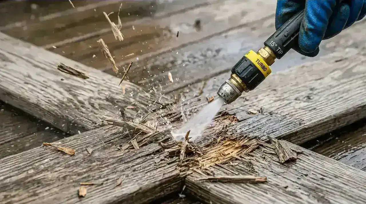 Close-up macro shot of a pressure washer nozzle tearing up and splintering wood fibers on a deck board because it is held too close, demonstrating the incorrect technique vividly.
